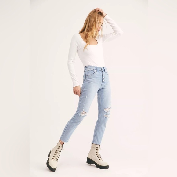 Free People We The Free Blossom Rigid Distressed Button Fly Jeans - Picture 1 of 12